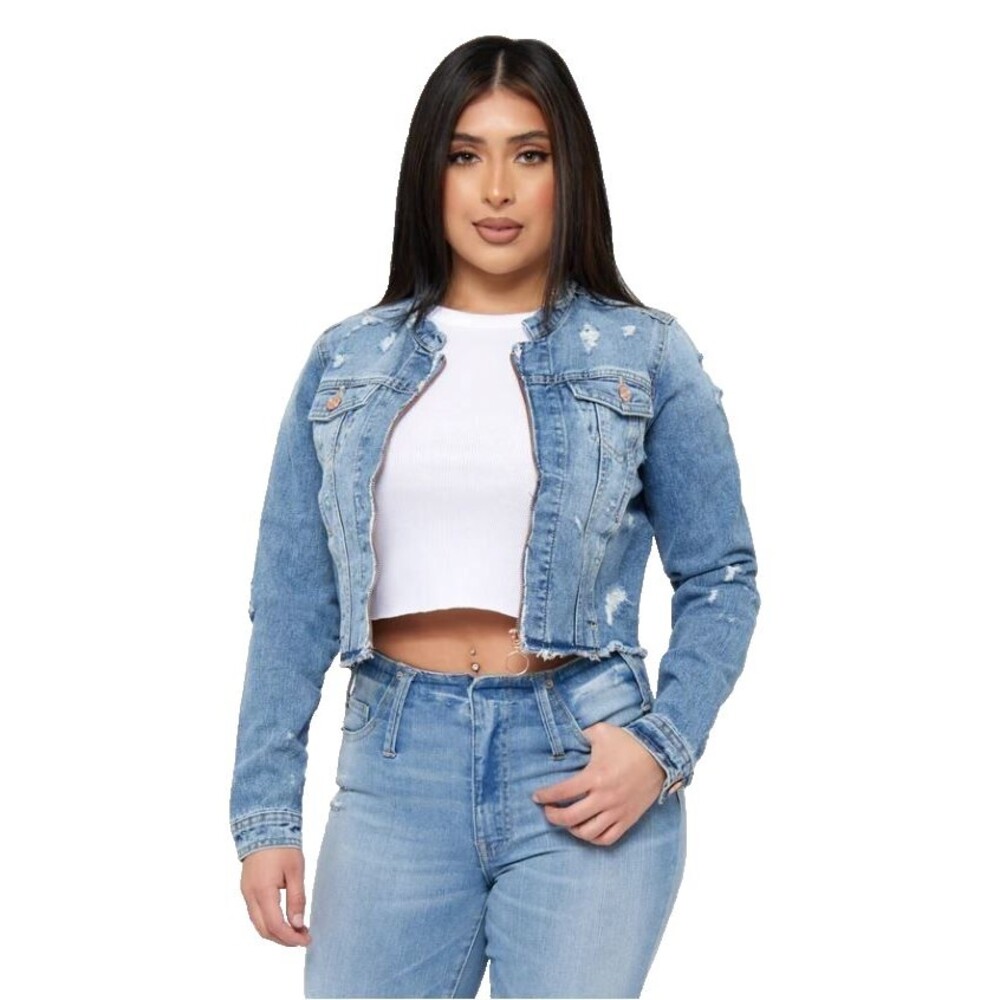 BBJ Rose Thorn Destroyed Frayed Cropped Denim Jacket True Blue Women’s M